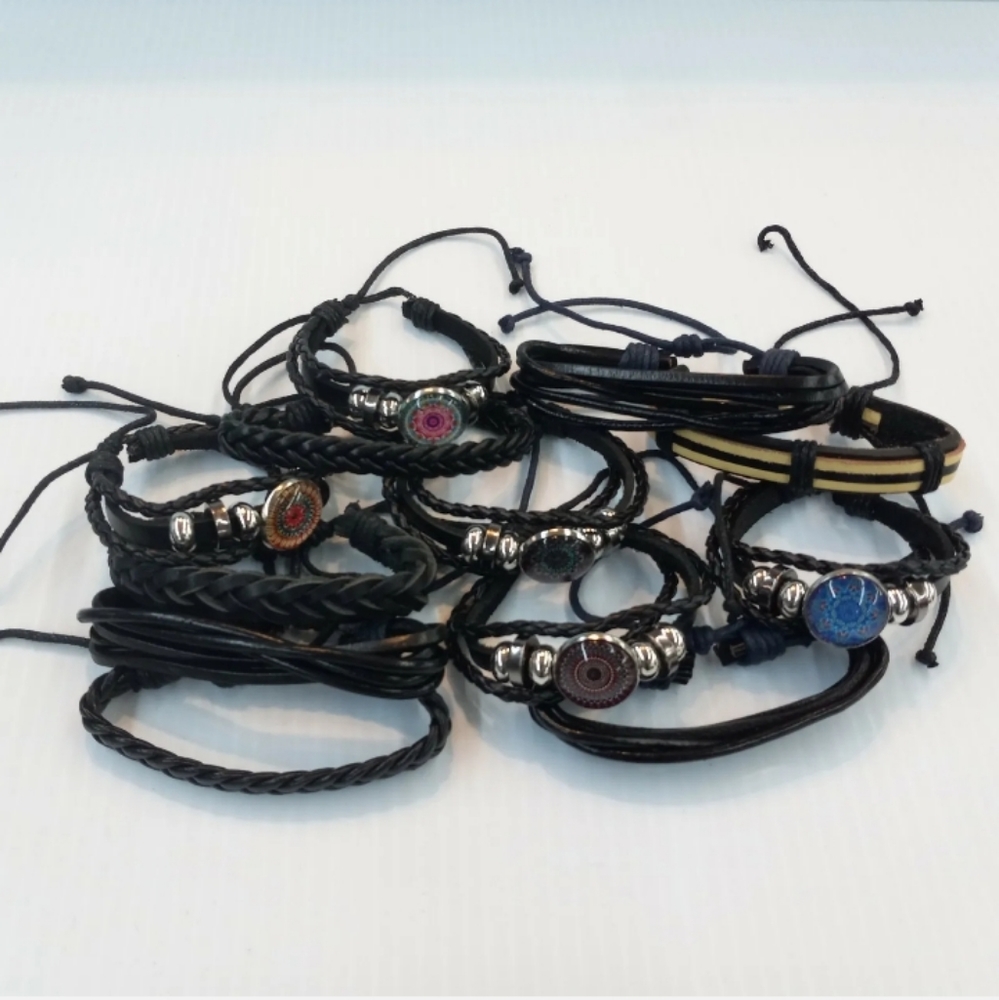 3pc Random Mix Black Leather Stackable Braided Adjustable Slide Knot Bracelets
